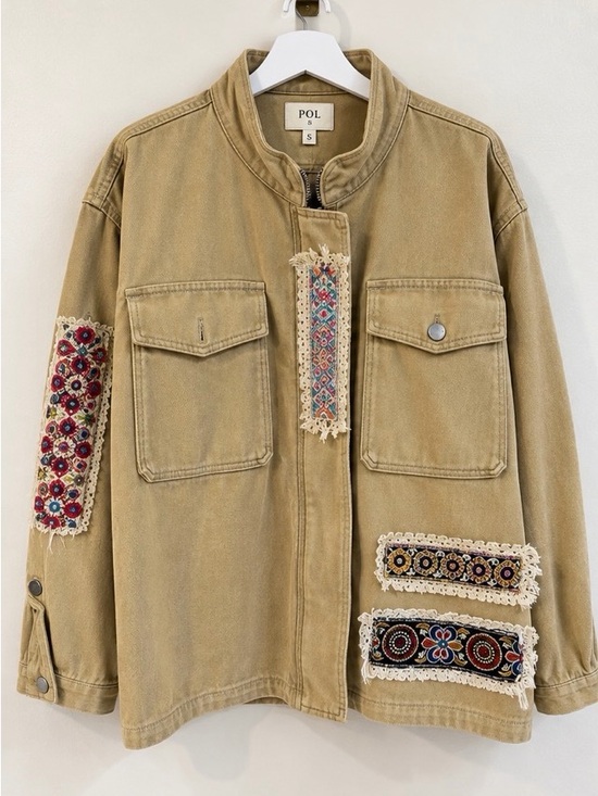 POL Jackets & Blazers - POL Beige Utility Jacket with Embroidered Patchwork